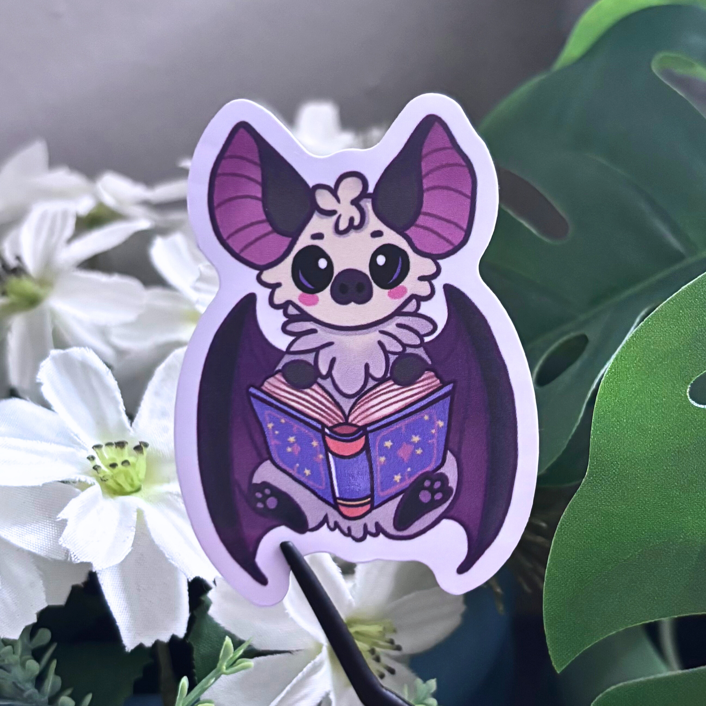 Mystical Bat Reading a Book Waterproof Vinyl Sticker | Glitter Option! | Cute Planner and Journal Accessory for Book Lovers