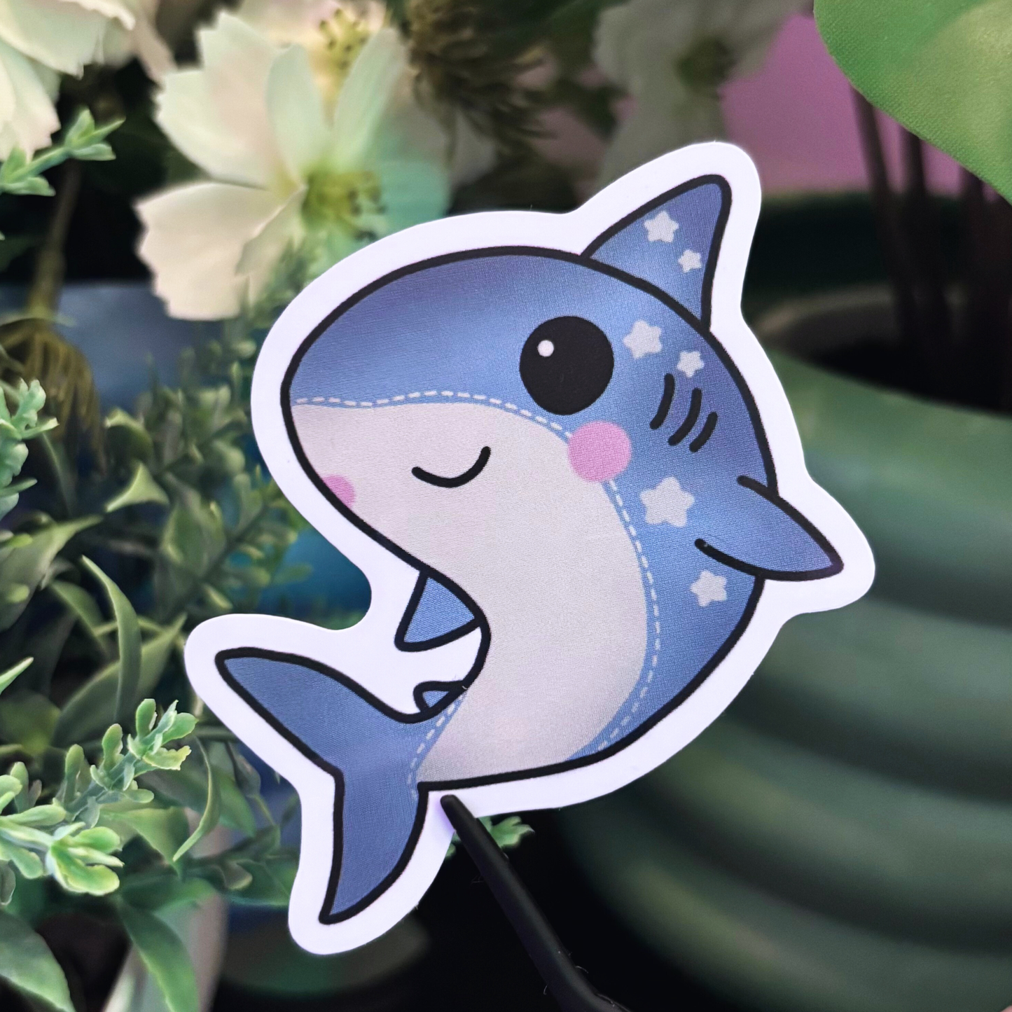 Starry Plush Shark Waterproof Vinyl Sticker | Kawaii Ocean Planner and Journal Accessory
