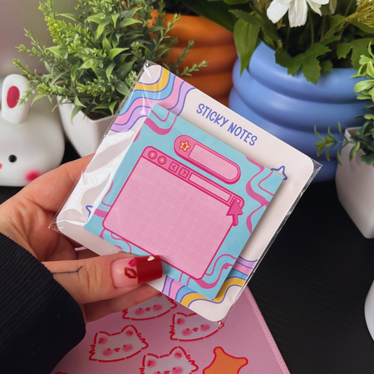 Y2K-inspired pink and blue sticky notes with an old computer retro wavy design.