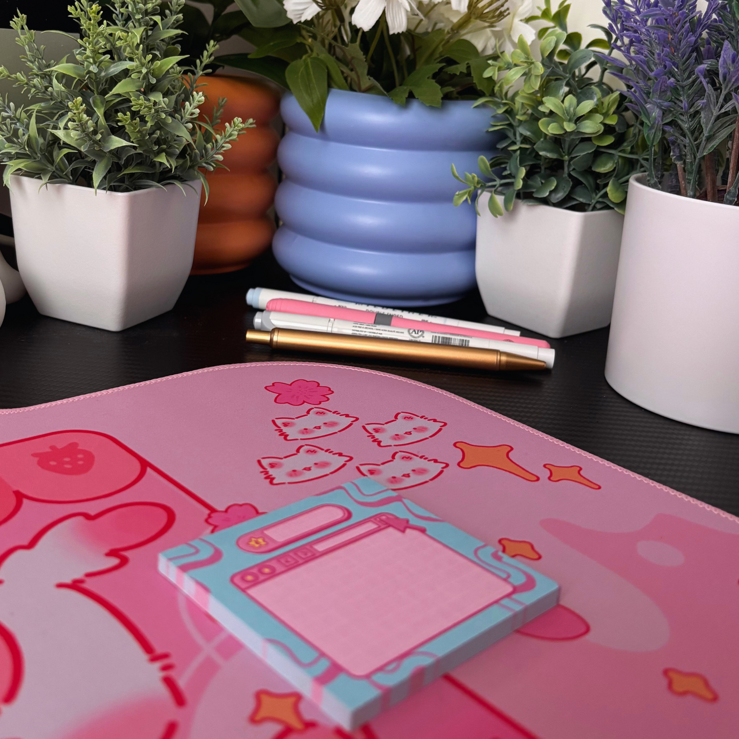Y2K inspired pink and blue sticky notes with an old computer retro wavy design.